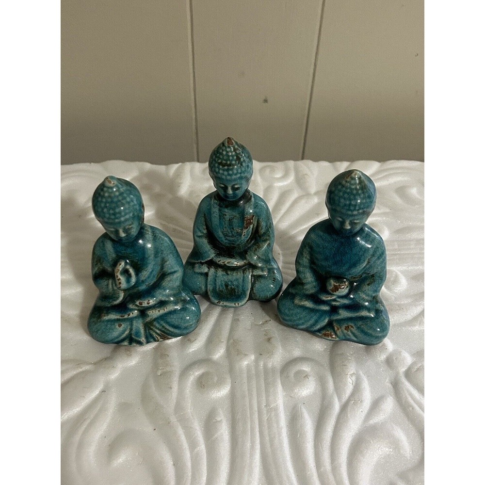 Set Of 3 Ceramic Buddha Statues Turquoise 4”